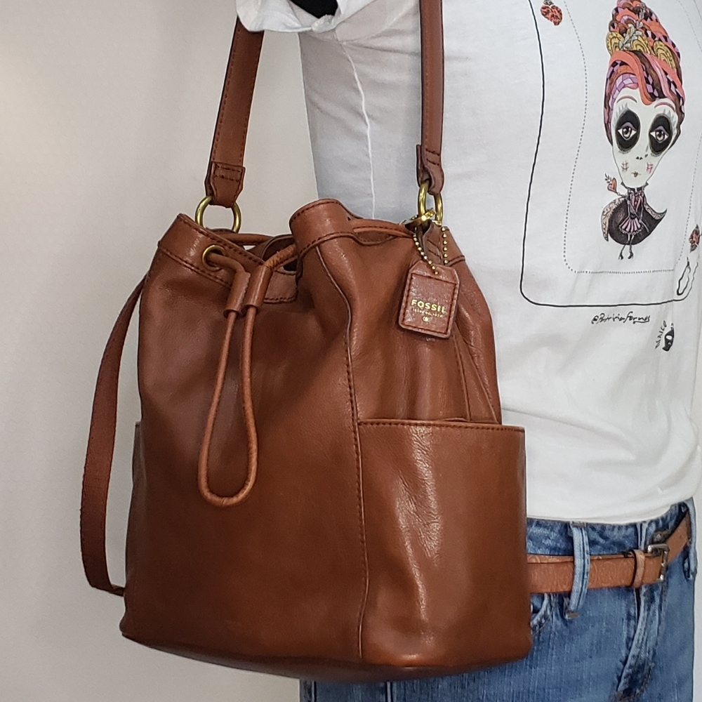 Fossil VTG Leather Drawstring Purse Bag Tote - Picture 12 of 13